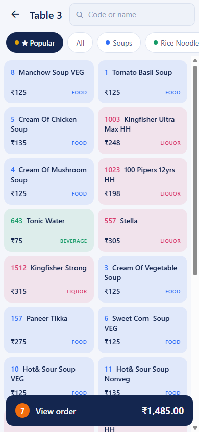 IntelixServe waiter app — Menu at the table