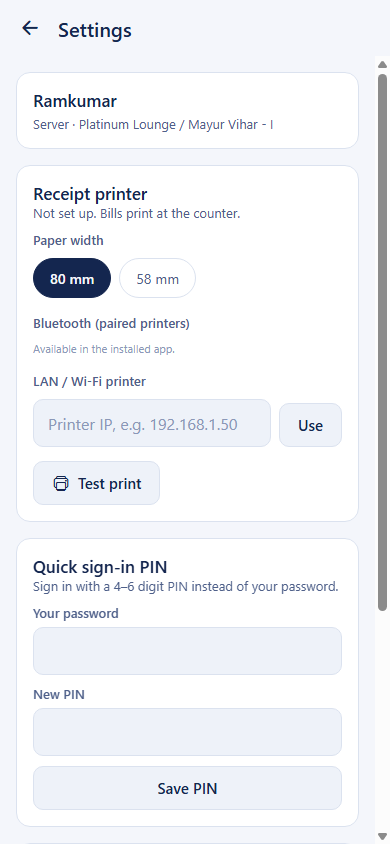 IntelixServe waiter app — Printer & PIN