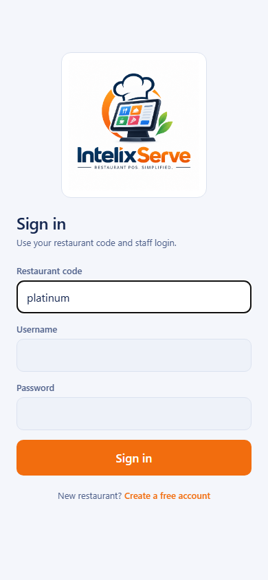 IntelixServe waiter app — Sign in